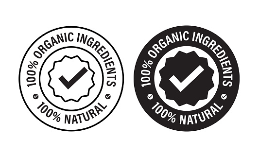'100% organic ingredients, 100% natural' vector icon isolated on white background