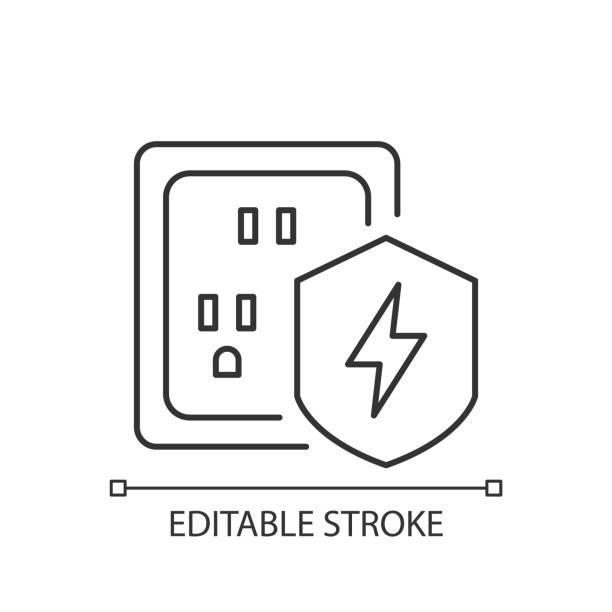 Surge protection linear icon Surge protection linear icon. Electrical installation protection. Equipment safety in household. Thin line customizable illustration. Contour symbol. Vector isolated outline drawing. Editable stroke electric plug dark stock illustrations