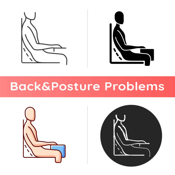 ilustraciones, imágenes clip art, dibujos animados e iconos de stock de icono del mal hábito sentado - posture office isolated physical injury