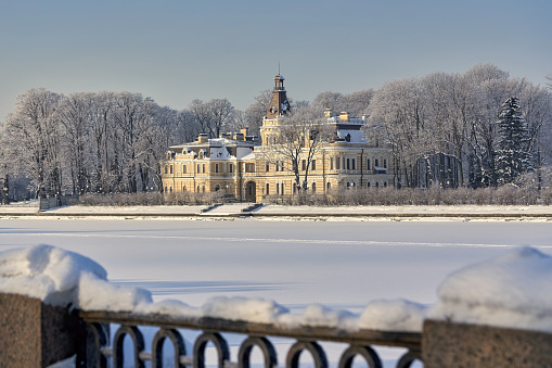 Saint Petersburg, Russia - February 09, 2021: View of a beautiful mansion on the banks of the Malaya Nevka embankment
