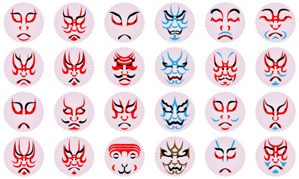 ilustrações, clipart, desenhos animados e ícones de maquiagem kabuki japonesa (kumadori) e guarda-chuva japonês - kabuki