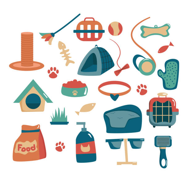 illustrazioni stock, clip art, cartoni animati e icone di tendenza di set di forniture per animali domestici, accessori. - pet