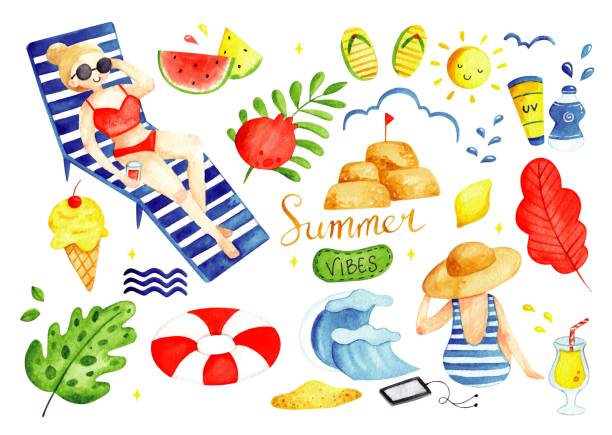 Set of summer doodles watercolor vector illustration Set of summer doodles watercolor vector illustration flip flop sandal beach isolated stock illustrations