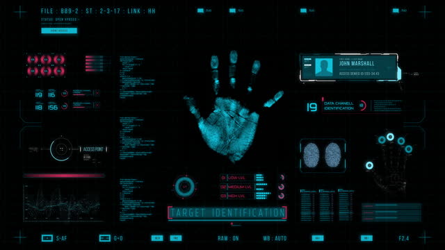 The digital  HUD interface of the future is scanning the human palm, searching for fingerprints in the database of the police, the FBI, the CIA, the Pentagon.