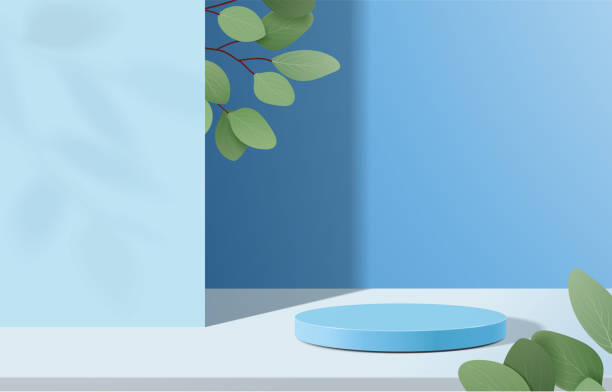 istock cylinder podium in blue background with leaves. stand mockup product presentation. 1320117054