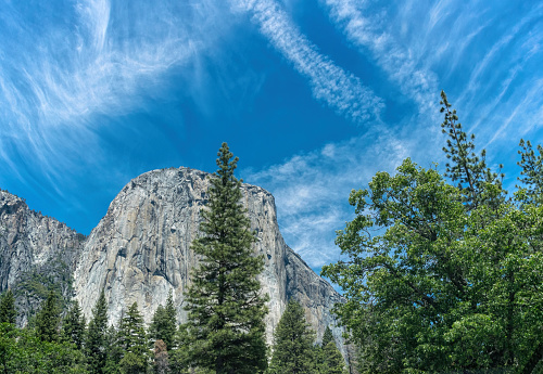 El Capitan Rock in Yosemite Valley. Natural tourist attraction in California. Summer travel in national parks of the united states
