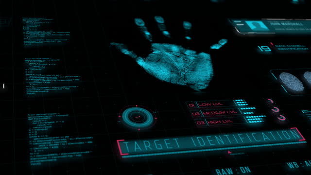 Digital HUD interface of the future, fingerprint analysis, search for criminals, hackers, unknown personalities.