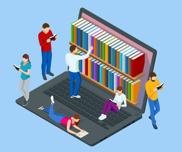 ilustrações de stock, clip art, desenhos animados e ícones de isometric online library app for reading, bookstores concept. e-learning from home online studying on laptop. - notebook dictionary book contemporary