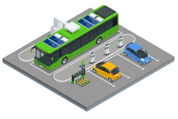 isometrischeein elektrobus, ein bus, der mit strom betrieben wird. ökologischer öffentlicher verkehr - bus station stock-grafiken, -clipart, -cartoons und -symbole