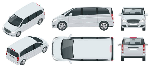Electric Minivan with Premium Touches, Passenger Van Car vector template on background. Multi purpose vehicle, people carrier mover, SUV, 5-door minivan car. View isometric, front, rear, side, top. Electric Minivan with Premium Touches, Passenger Van Car vector template on background. Multi purpose vehicle, people carrier mover, SUV, 5-door minivan car. View isometric, front, rear, side, top minivan stock illustrations