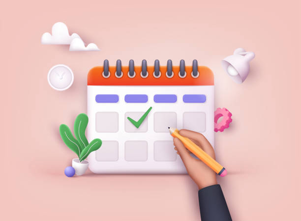 ilustrações de stock, clip art, desenhos animados e ícones de hand putting check marks on calendar. 3d web vector illustrations. - calendar