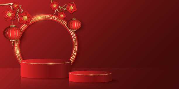 istock Asian style 3d podium to display your products. Tree with red flowers and hanging lanterns. Chinese new year design. Golden frame with vintage pattern. Vector illustration. 1320121472
