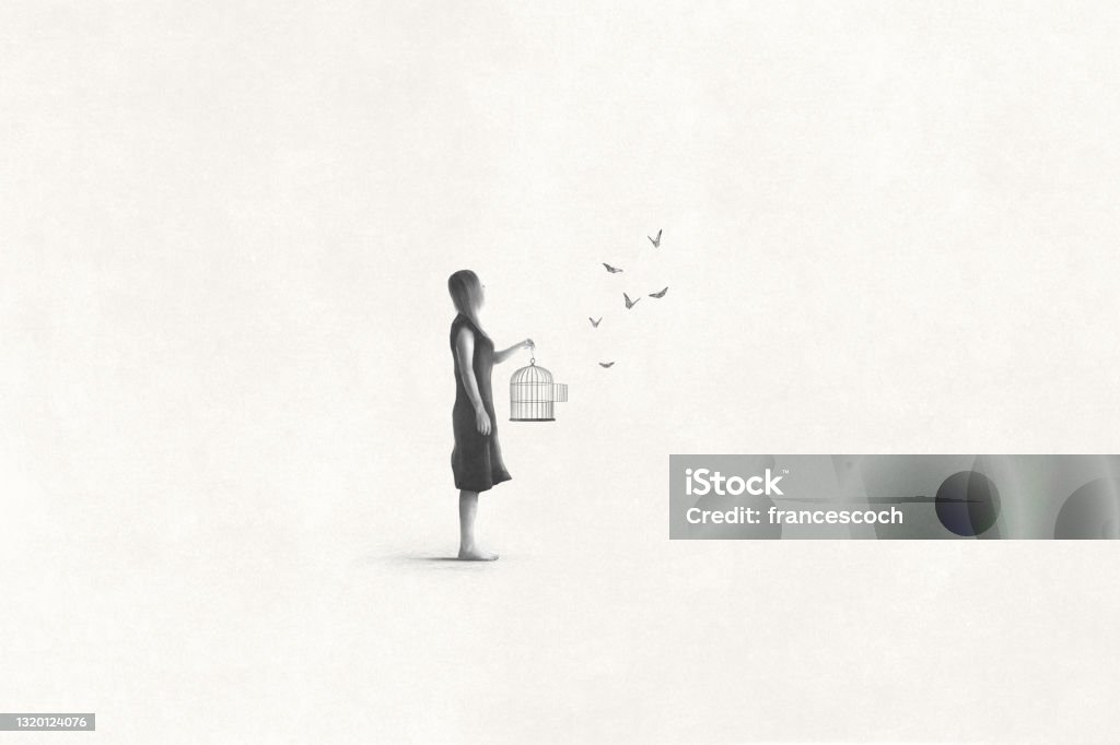 Illustration of woman setting free butterfly, freedom surreal abstract concept Women stock illustration