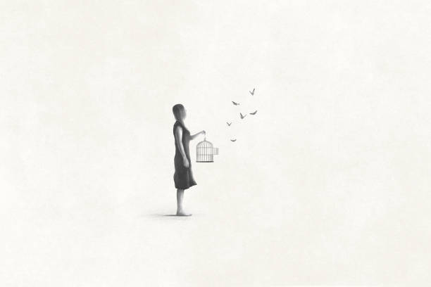 女性設置自由蝴蝶的插圖，自由超現實的抽象概念 - 鳥籠 幅插畫檔、美工圖案、卡通及圖標