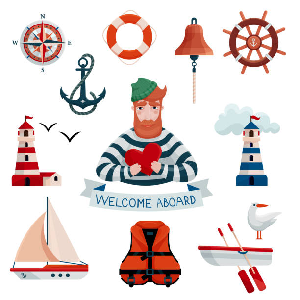 a set of objects with a marine theme A sailor with a beard holds a heart in his hands. The ribbon says welcome aboard bellcaptain stock illustrations