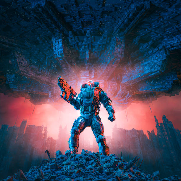 istock Cyberpunk soldier city warfare 1320129321