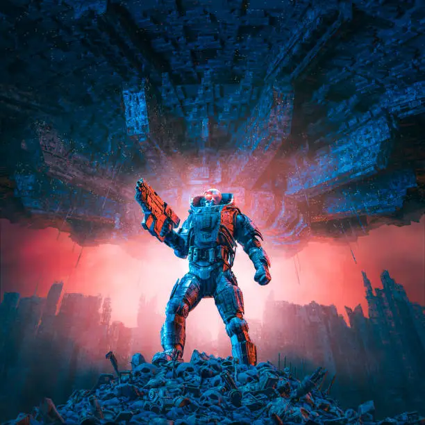 3D illustration of science fiction military robot warrior standing amid rubble in war torn futuristic city with with giant space ship in the sky above