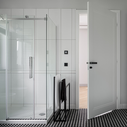 Modern bathroom in black and white with stylish mosaic floor tiles and shower