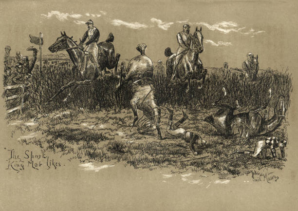 ilustraciones, imágenes clip art, dibujos animados e iconos de stock de jinetes cayendo de sus caballos mientras saltan un seto, victoriano, siglo xix - wrexham