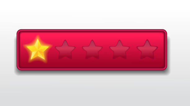 istock One star. Bad rate. Customer feedback rating sytem. realistic shiny gold stars in front of red rectangle modern vector illustration 1320132964
