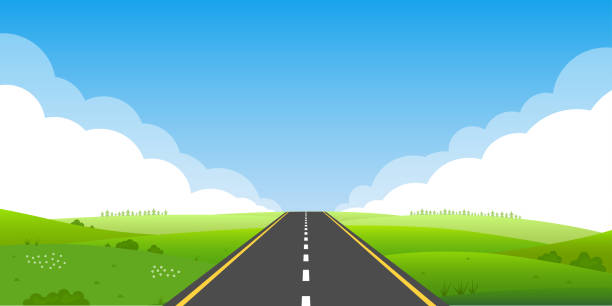 ilustrações, clipart, desenhos animados e ícones de estrada ou estrada na natureza ou paisagem rural com prados, campos, grama verde, colinas, céu azul e linha de horizonte. fundo de verão ou primavera com asfalto. ilustração vetorial. - road trip country road landscape street