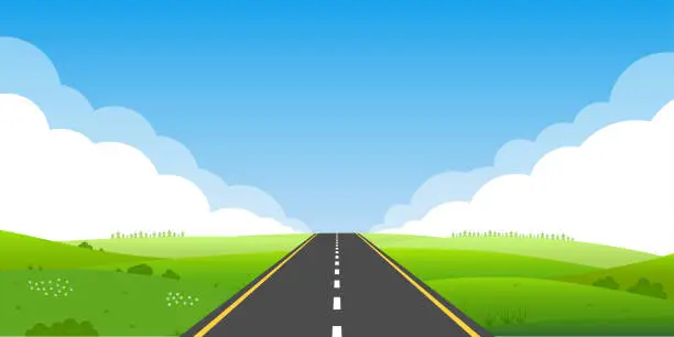Vector illustration of Road or highway in nature or countryside landscape with meadows, fields, green grass, hills, blue sky and horizon line. Summer or spring background with asphalt way. Vector illustration.