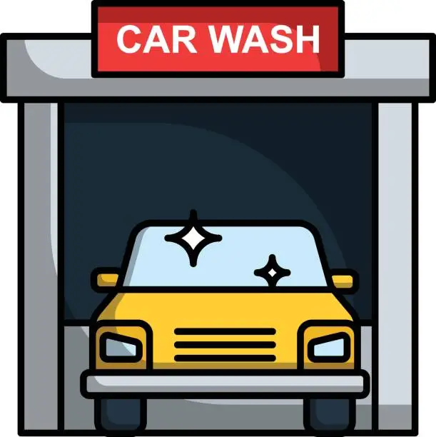 Vector illustration of Touchless InBay Automatic Car Water Washed, Mechanically with conveyorized equipment, covid car wash and cleaning service Symbol on white background, Vehicle disinfection Sign,