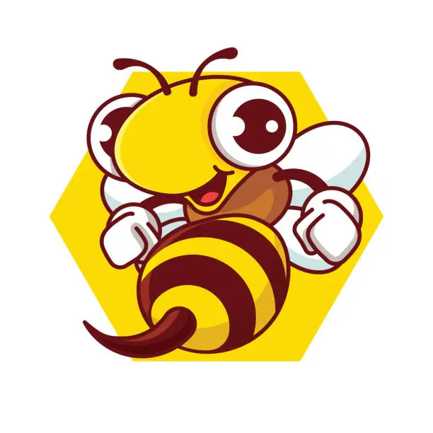 Vector illustration of Cartoon happy bee with sharp stinger holding fists