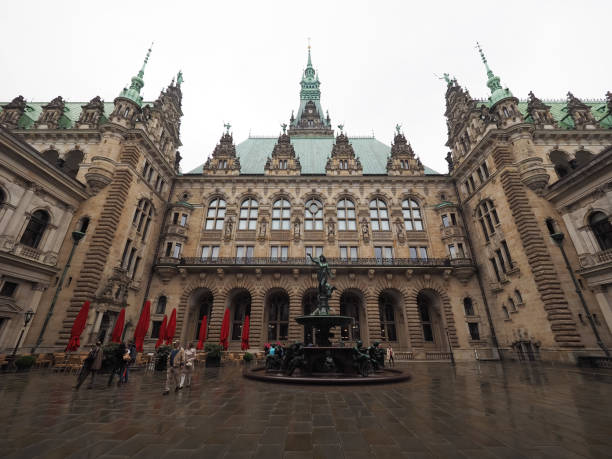 Hamburg, Germany - Circa May 2017: Hygeieia Fountain at Hamburg Rathaus (city hall)