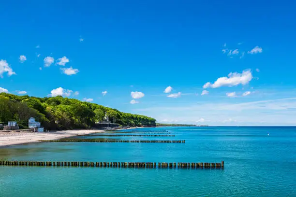 Groynes on the Baltic Sea coast in Heiligendamm, Germany.