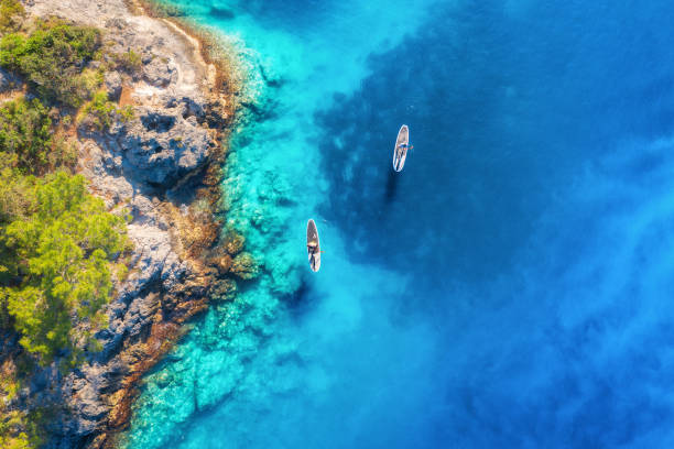 luftaufnahme von menschen auf schwimmenden sup boards auf blauem meer, felsen, bäume bei sonnenuntergang im sommer. blaue lagune, oludeniz, türkei. tropische landschaft. kajaks auf klarem wasser. aktives reisen. top-ansicht des kanus - kayaking kayak sea coastline stock-fotos und bilder