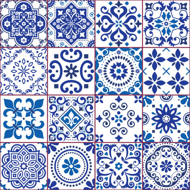 ilustrações de stock, clip art, desenhos animados e ícones de portuguese and spanish azulejo tiles seamless vector pattern collection in navy blue and white, traditional floral design big set inspired by tile art from portugal and spain - tiled floor illustrations