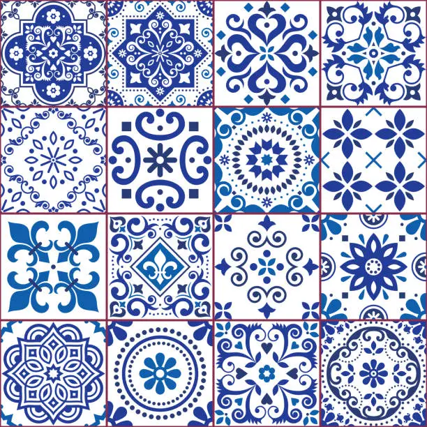 Vector illustration of Portuguese and Spanish azulejo tiles seamless vector pattern collection in navy blue and white, traditional floral design big set inspired by tile art from Portugal and Spain