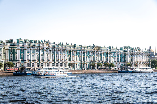 Winter Palace River View On Neva River Quay And Yachts In St. Petersburg, Russia