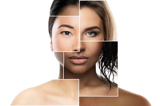 Creative beauty collage - face parts of different ethnicity women.