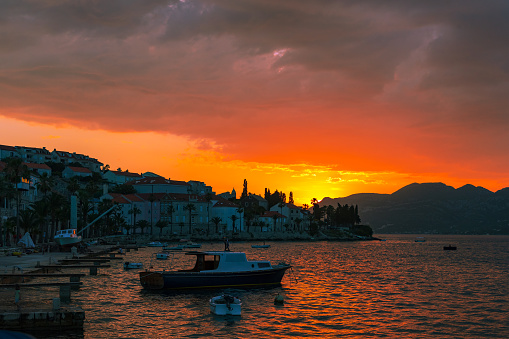 Golden sunset on the island of Korcula, Croatia.