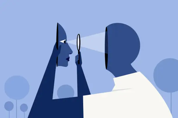 Vector illustration of A person holding a section of his face and looking in to his brain through a magnifying glass