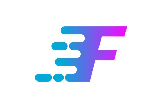 Letter F logo symbolizing speed. Initial F fast motion effect. Blue and purple gradient icon. Dynamic moving design element. Quick moving symbol. Fast delivery sign. Vector illustration, flat,clip art letter f stock illustrations