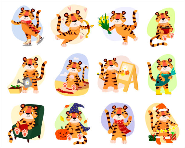 kinder vektor-illustration eines niedlichen tigerjunge im cartoon-stil. jahr des tigers. satz von aufklebern mit tigern, die lustige dinge tun - babytiger stock-grafiken, -clipart, -cartoons und -symbole