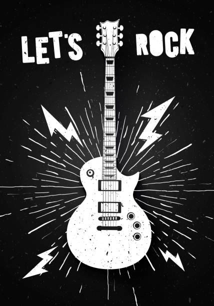 ilustrações, clipart, desenhos animados e ícones de ilustração vetorial permite rock music imprimir design gráfico com guitarra. selo vintage. arte de letras de camiseta com efeito grunge - guitar