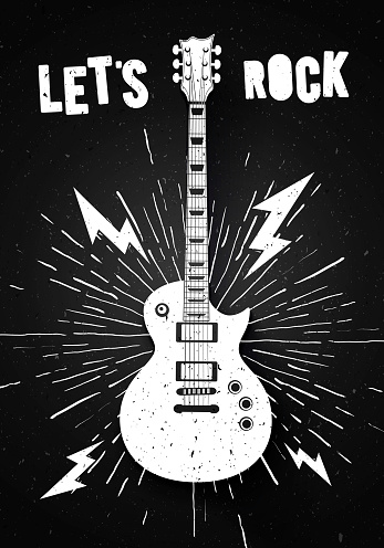 Vector Illustration Lets Rock Music Print Graphic Design with Guitar. Vintage Stamp Label. T-Shirt Lettering Artwork With Grunge Effect