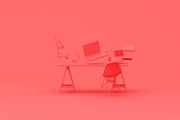 istock 3d rendering of workspace desk table with floating laptop and office accessories. 1320142343