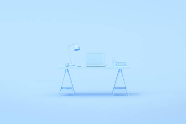 istock 3d rendering of workspace desk table with laptop and office accessories. 1320142345