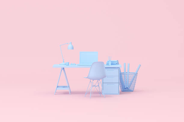 istock 3d rendering of workspace desk table with laptop and office accessories. 1320142347