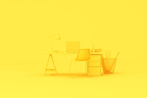 istock 3d rendering of workspace desk table with laptop and office accessories. 1320142371