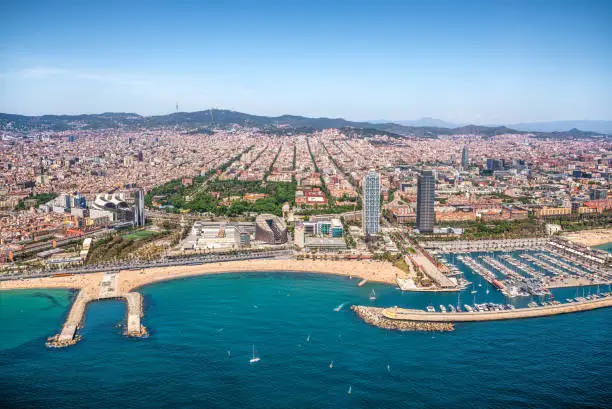 Aerial view of barcelona coastline with Port olimpic, Poble nou,, Mapfre towers, Agbar Tower, tibidabo and la ciutadella park