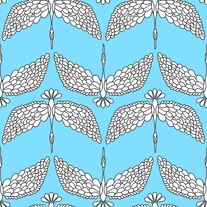 Seamless pattern. Geese, swans, and migratory birds. Painted birds on a blue sky background. Vector illustration for fabric and other surfaces