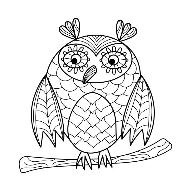 Owl for coloring book. Hand drawn Vector illustration cute monochrome decorative bird Owl for coloring book. Hand drawn Vector illustration cute monochrome decorative bird. background of a owl black and white stock illustrations