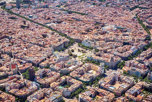 Aerial View of Catalonia Square and the Rambles in the Eixample of Barcelona