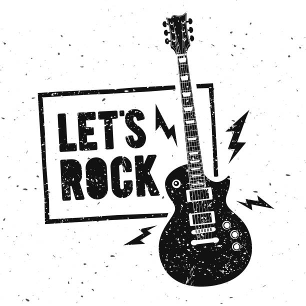 ilustraciones, imágenes clip art, dibujos animados e iconos de stock de ilustración vectorial permite a la música rock imprimir diseño gráfico con guitarra. etiqueta de sello vintage. ilustraciones de letras de camiseta con efecto grunge - guitarra